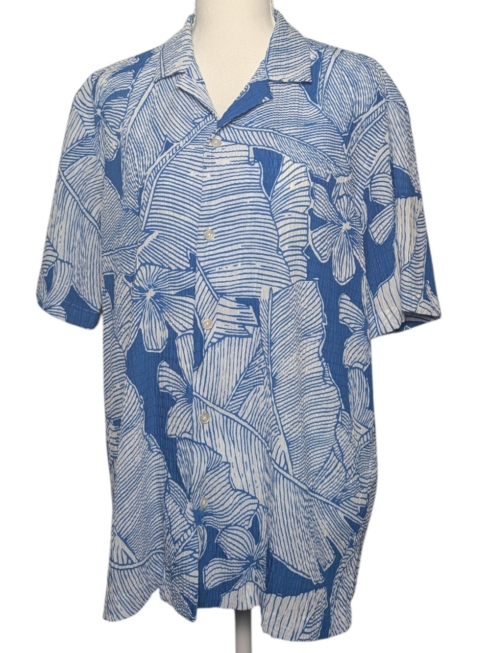 Zara White and Blue Abstract Line Button-Up Shirt